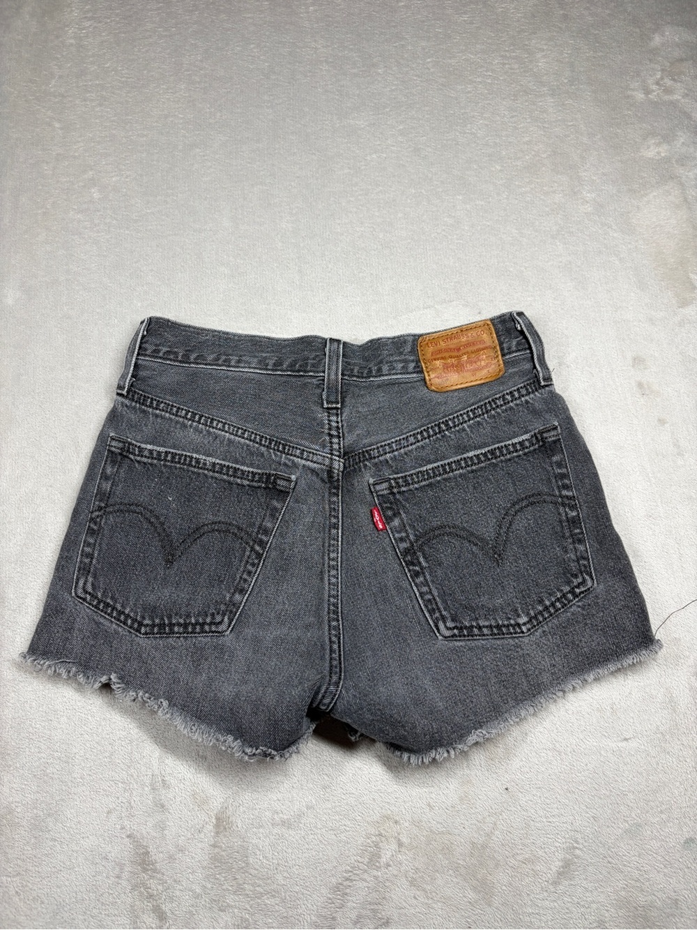 Levi’s Premium Big E Red Tab 501 Faded Black Grey Denim Distressed Shorts 24